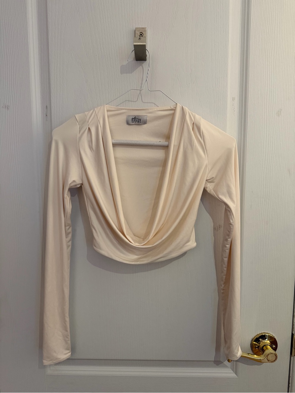 Oh Polly Cream Draped Cowl Long-Sleeve Crop Top